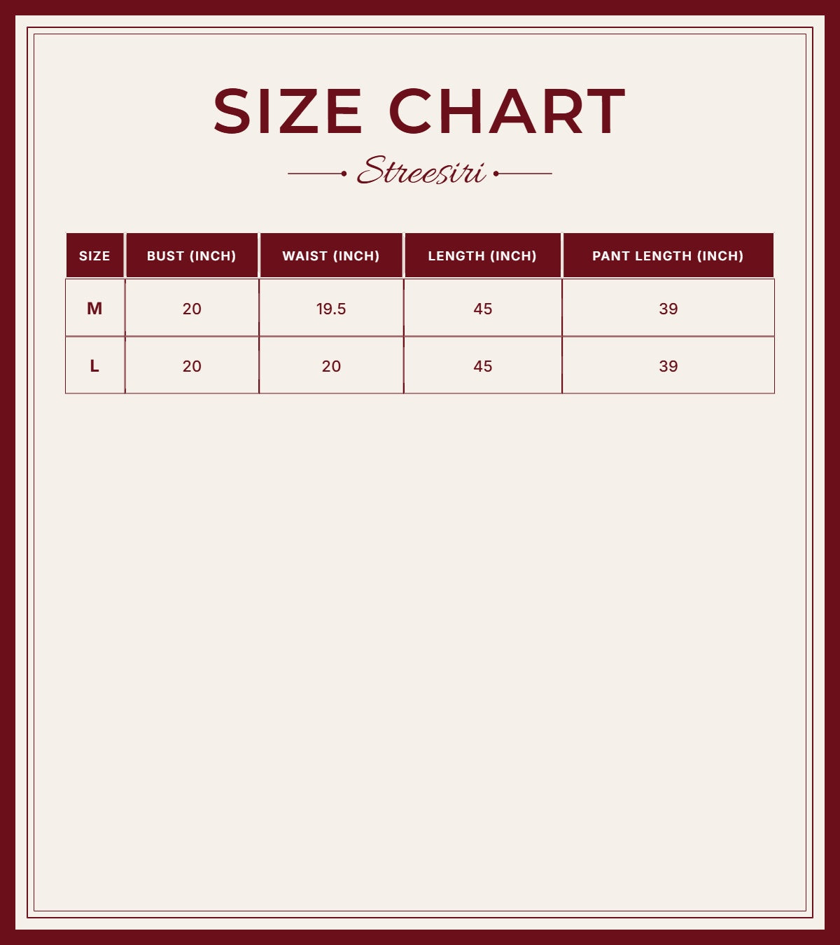 Size Chart for Party Wear 3 piece Mustard Embroider Suit