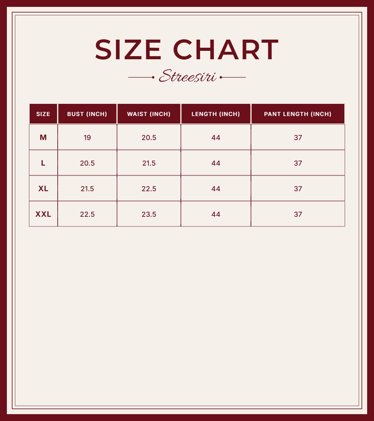 Size Chart for Floral 3 Piece Light Yellow Cotton Suit