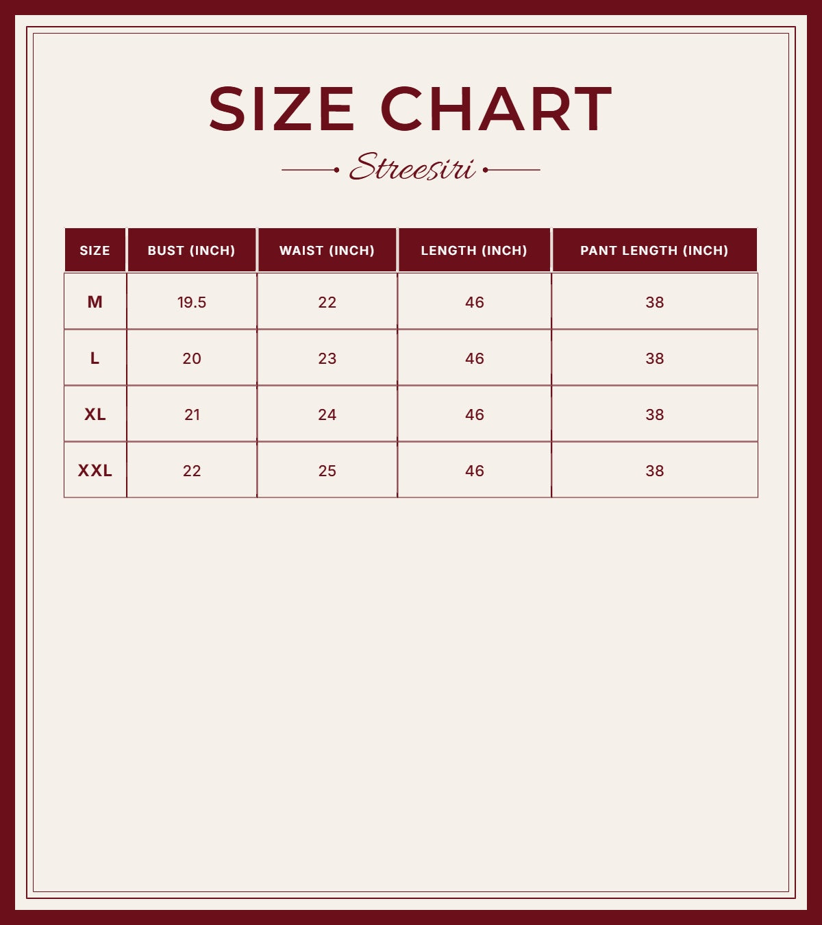Size Chart for Pearl 3 Piece Dusty Pink Cotton Suit