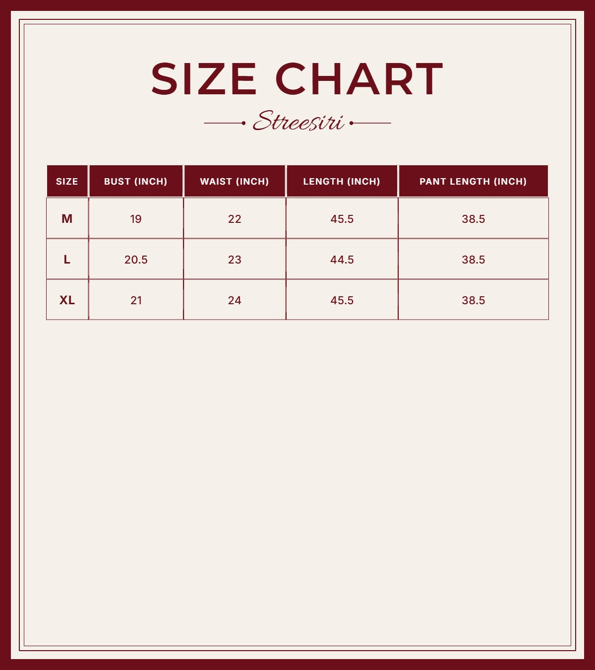 Size Chart for Alia 3 Piece Peach Cotton Suit
