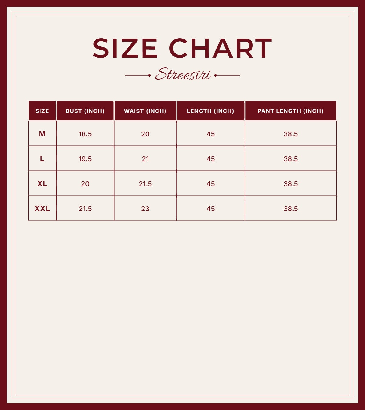 Size Chart for Floral 3Piece Half White  Mul Chanderi Suit