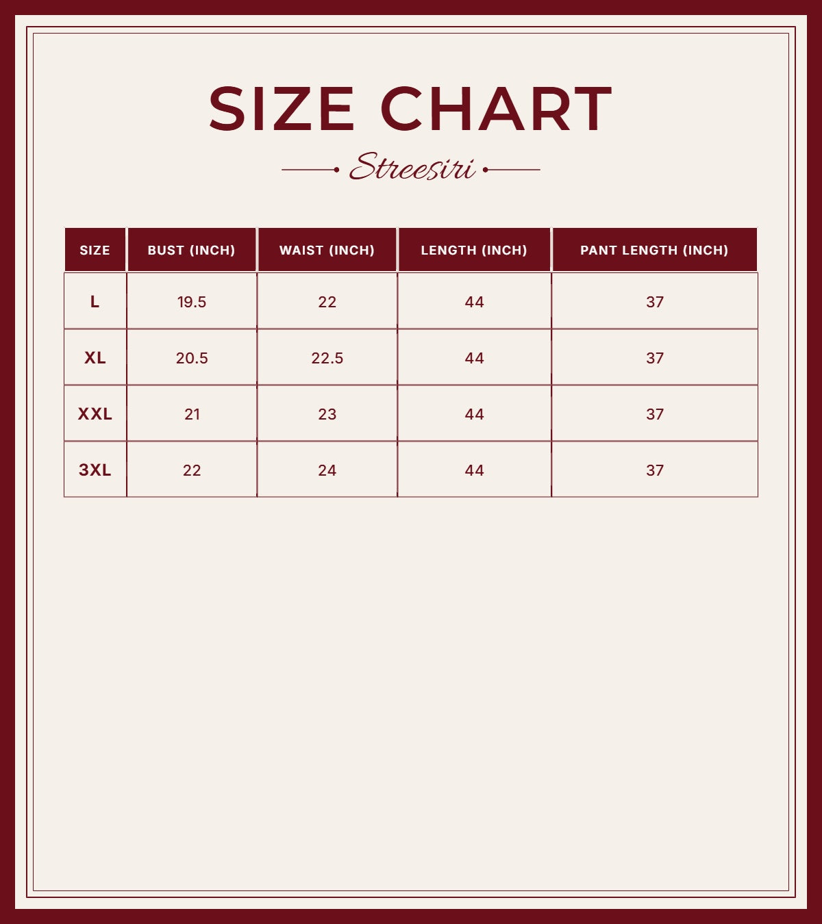 Size Chart for Embroider 3Piece Black White Cotton Suit