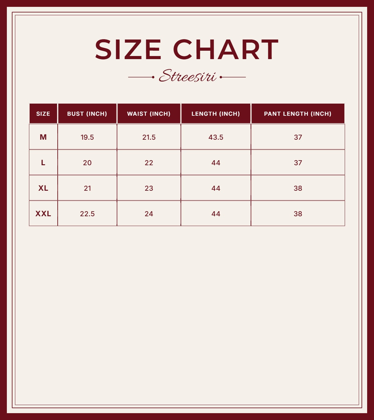 Size Chart for Embroider 3 Piece Orange Cotton Suit