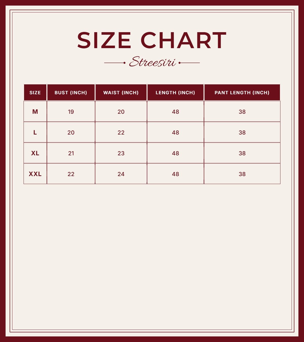Size Chart for Party Wear 3 piece Rose Pink Cotton Silk Suit