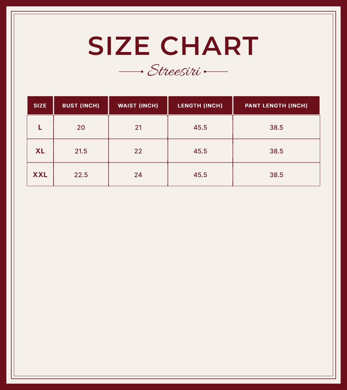 Size Chart for Embroider 3 Piece Half White Black Suit