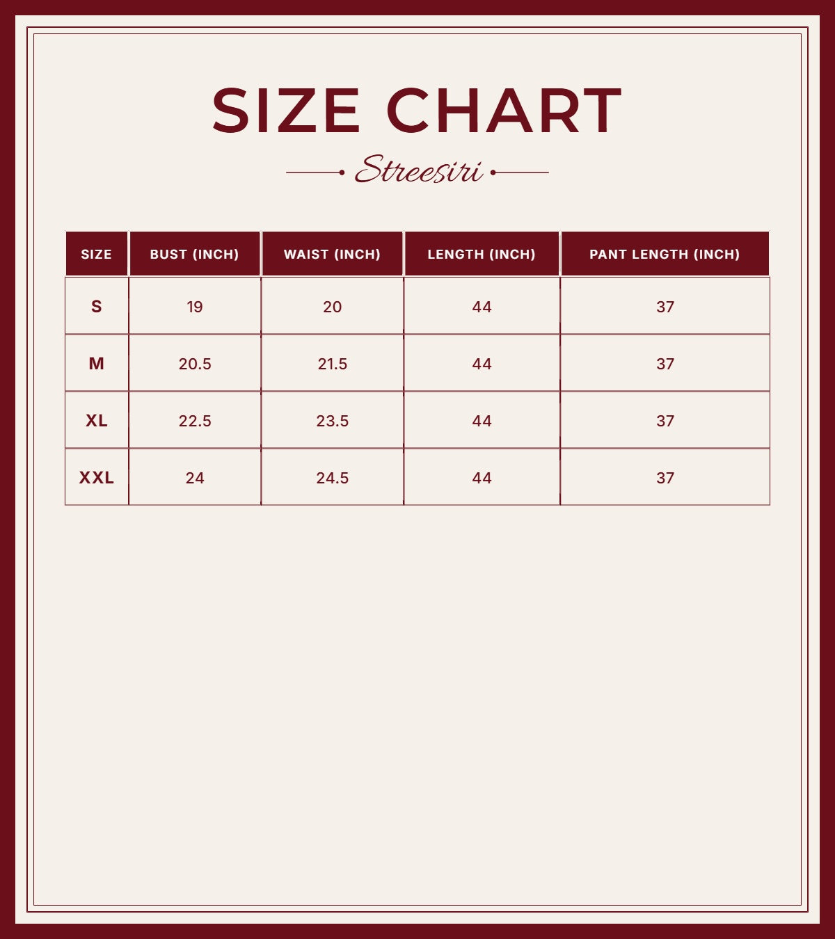 Size Chart for Embroider 3 Piece Half White Blue Cotton Suit