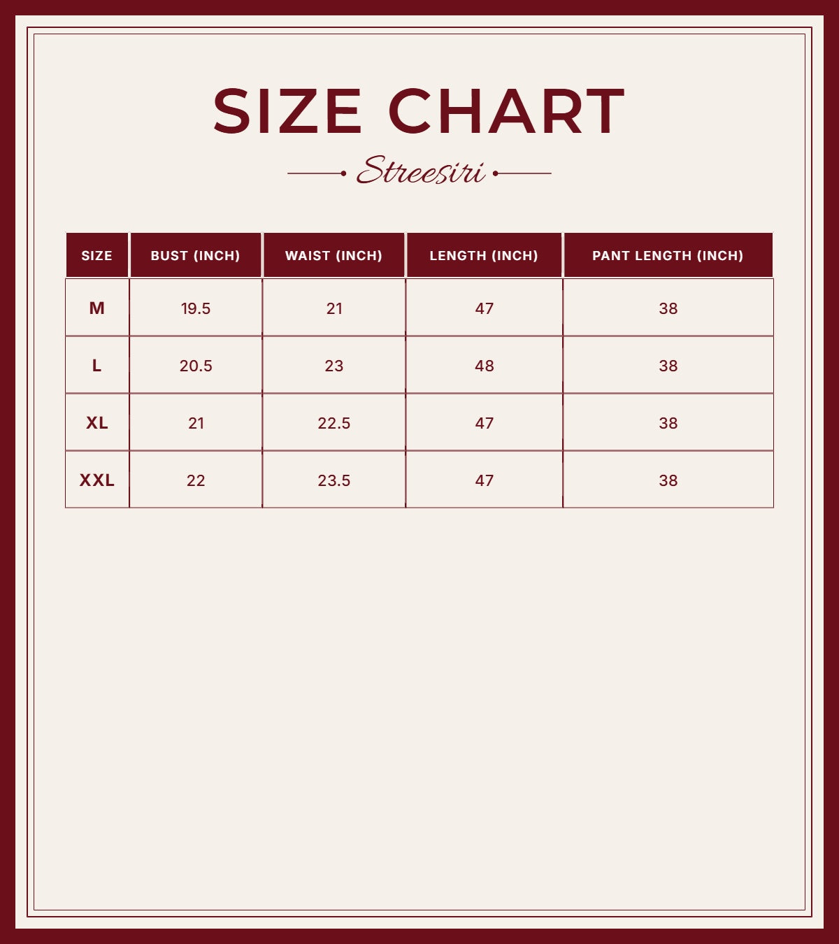 Size Chart for Party Wear 3 piece Brown Cotton Silk Suit