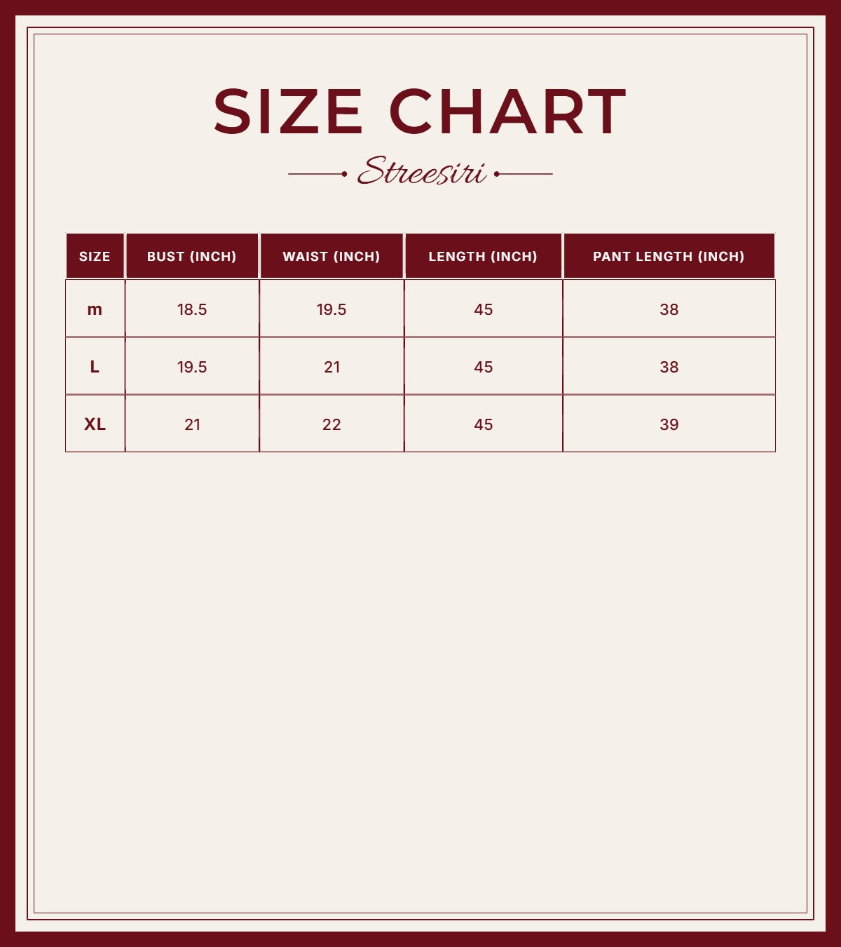 Size Chart for Muslin 3 Piece Purple Tissue Suit
