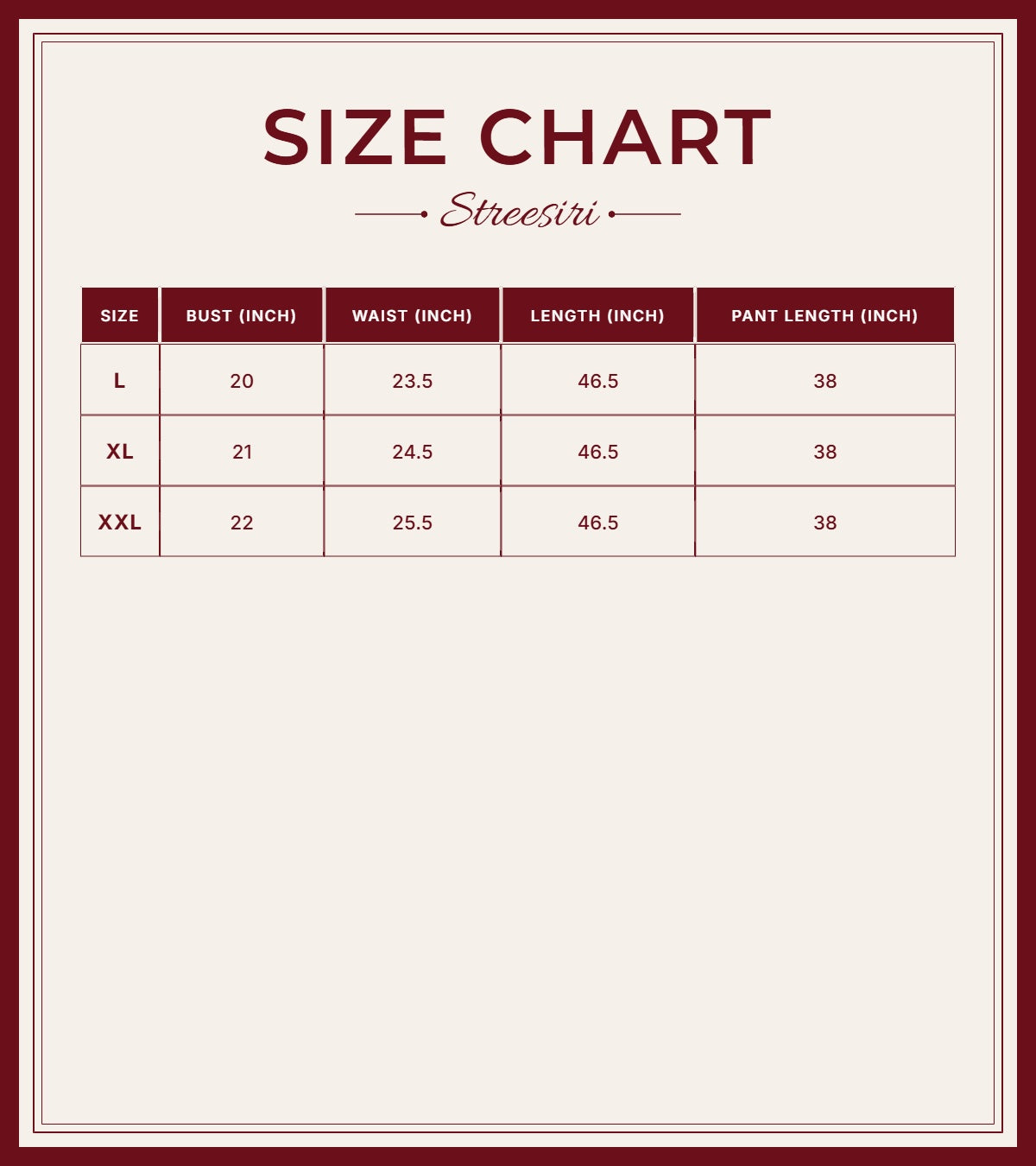 Size Chart for Party Wear 3Piece Set Purple Cotton Suit