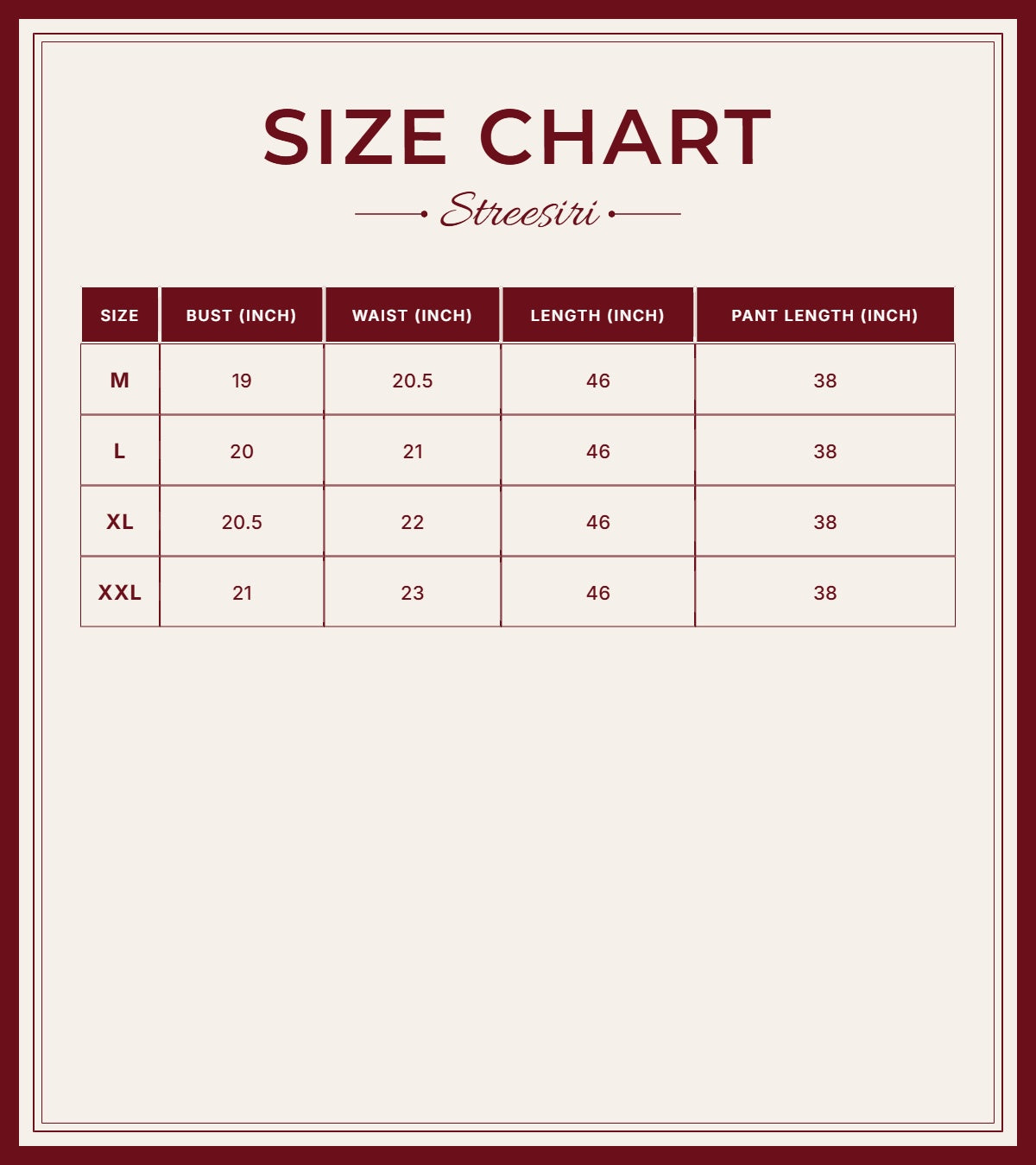 Size Chart for Party Wear 3 Piece Lavender Mul Chanderi Suit