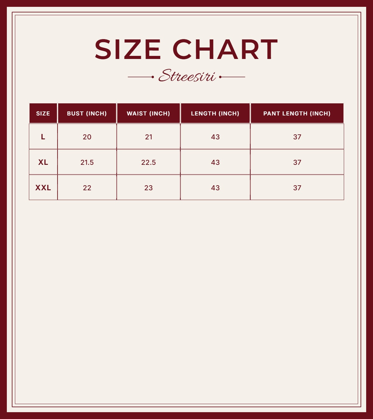 Size Chart for Floral Embroider 3Piece Set Baby Pink Suit