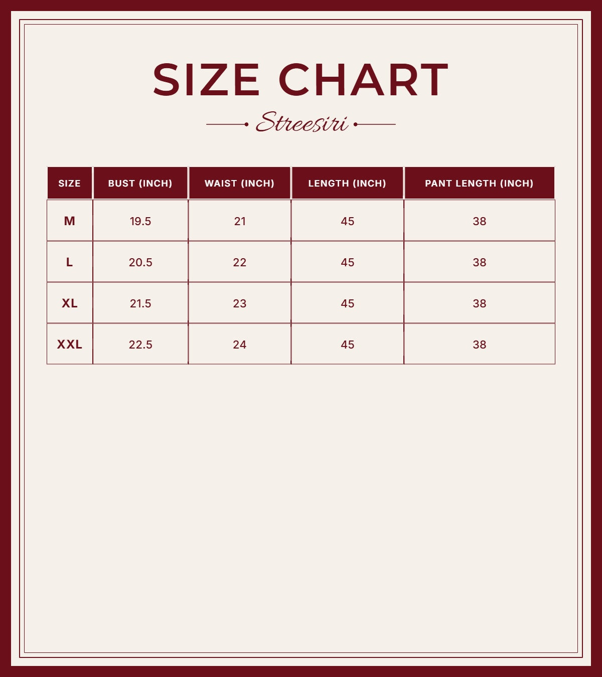 Size Chart for Party Wear 3 piece Rust Orange Cotton Silk Suit
