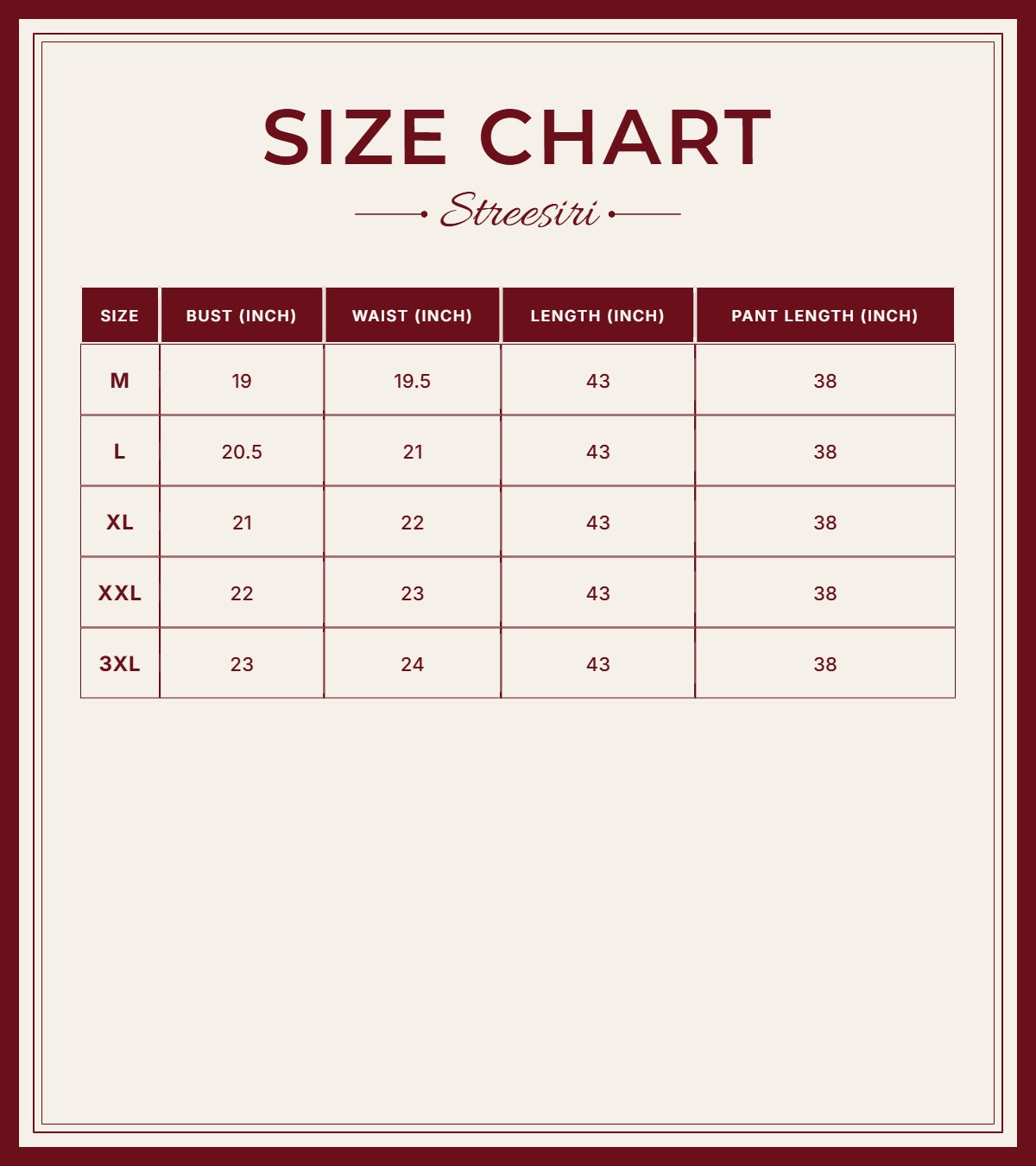 Size Chart for Floral Akoba Print 3 Piece Cotton Suit