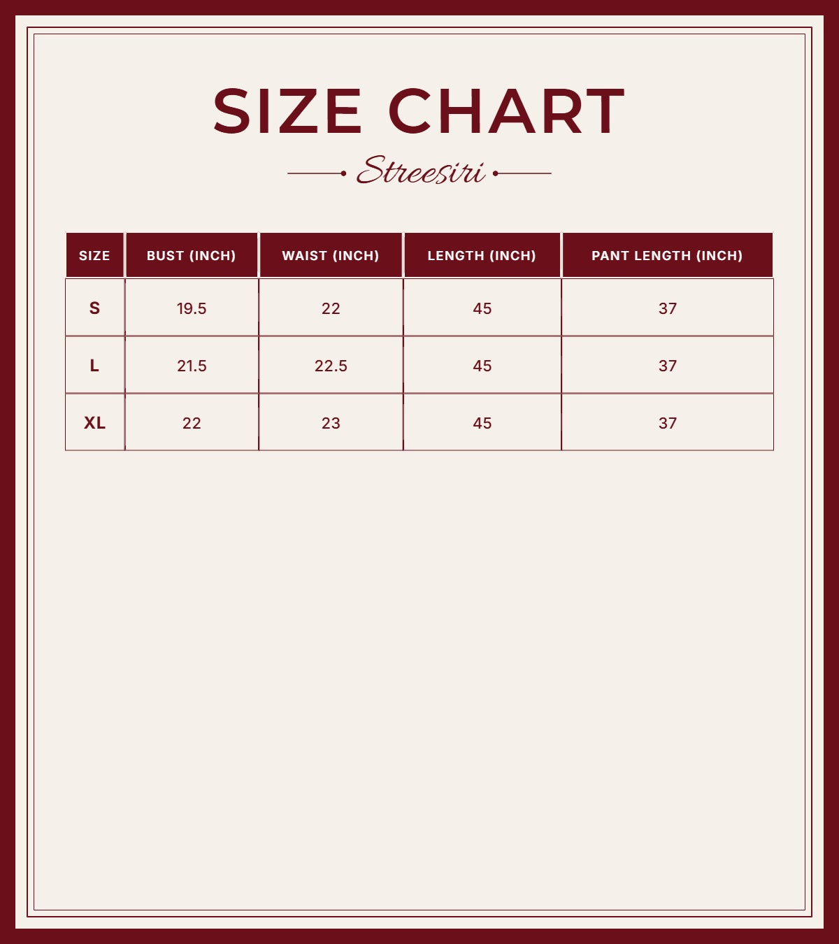 Size Chart for Anarkali 3 Piece Red Shell Cotton Suit