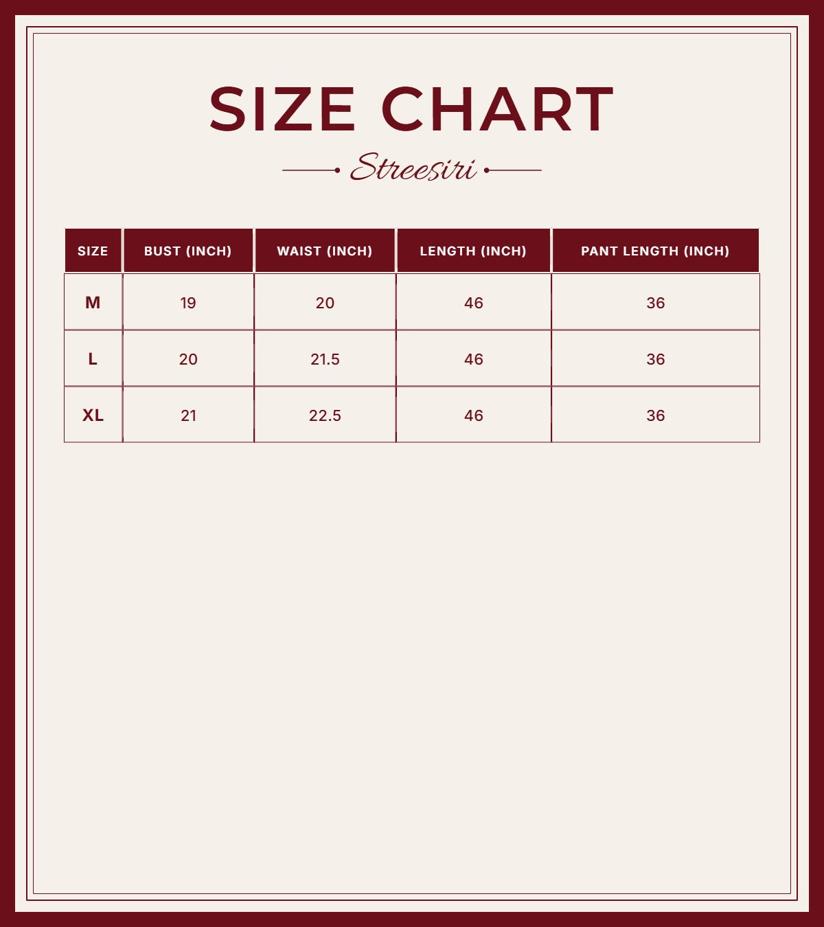 Size Chart for Embroider 3 Piece White Cotton Suit