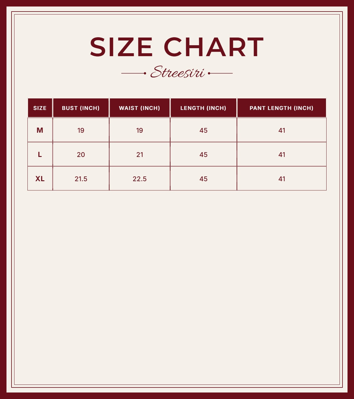 Size Chart for Embroider 3 Piece Pink White Suit