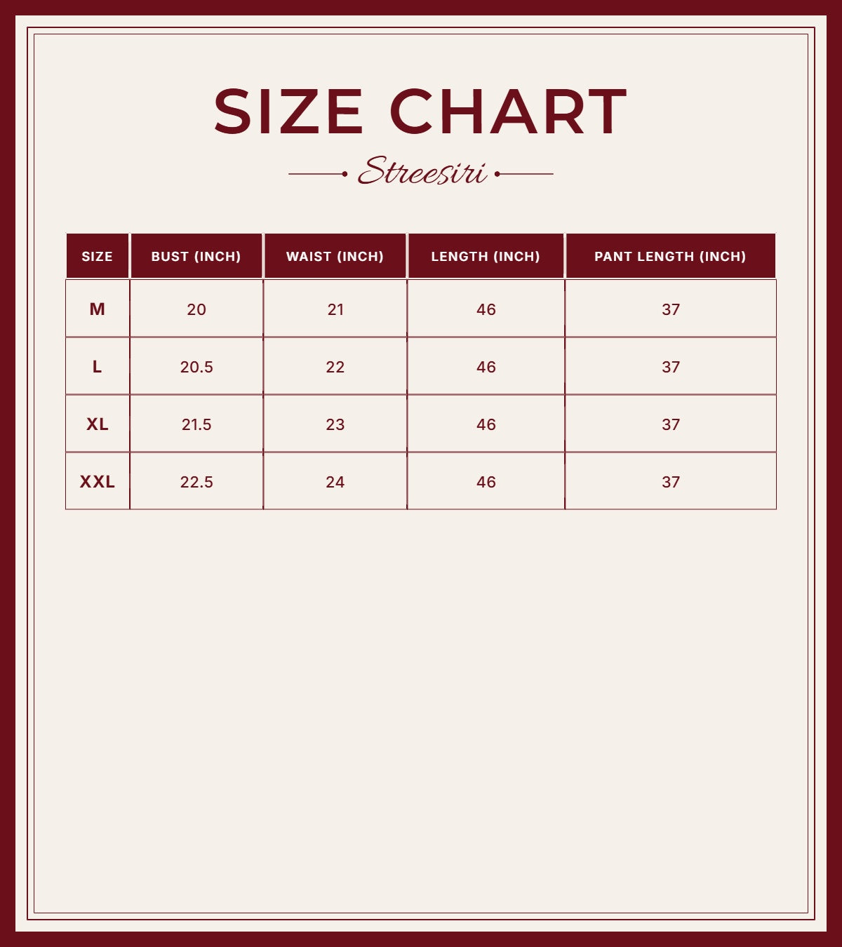 Size Chart for Embroider 3 Piece Yellow Mul Cotton Suit
