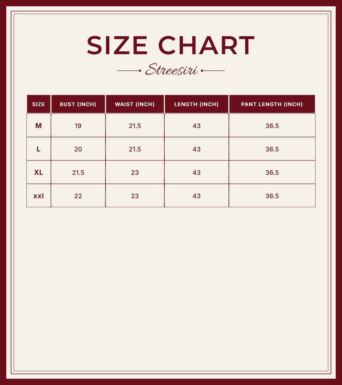 Size Chart for Embroider 2Pc Blue Pink Cotton Suit