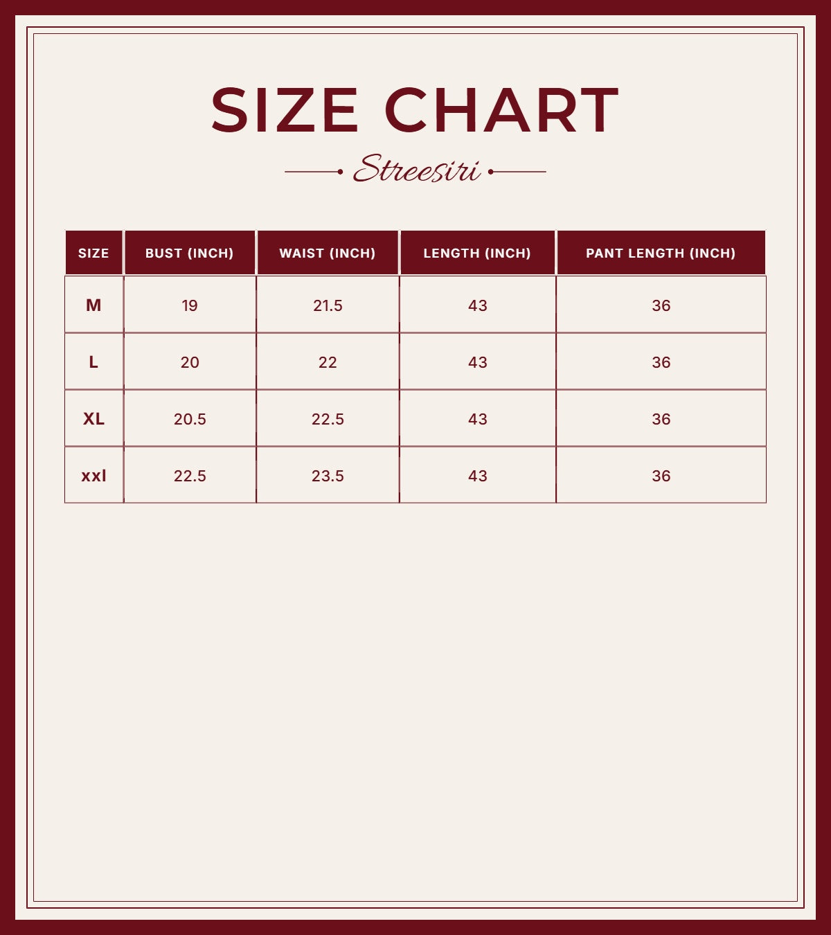 Size Chart for Embroider 2Piece Light pink Cotton Suit