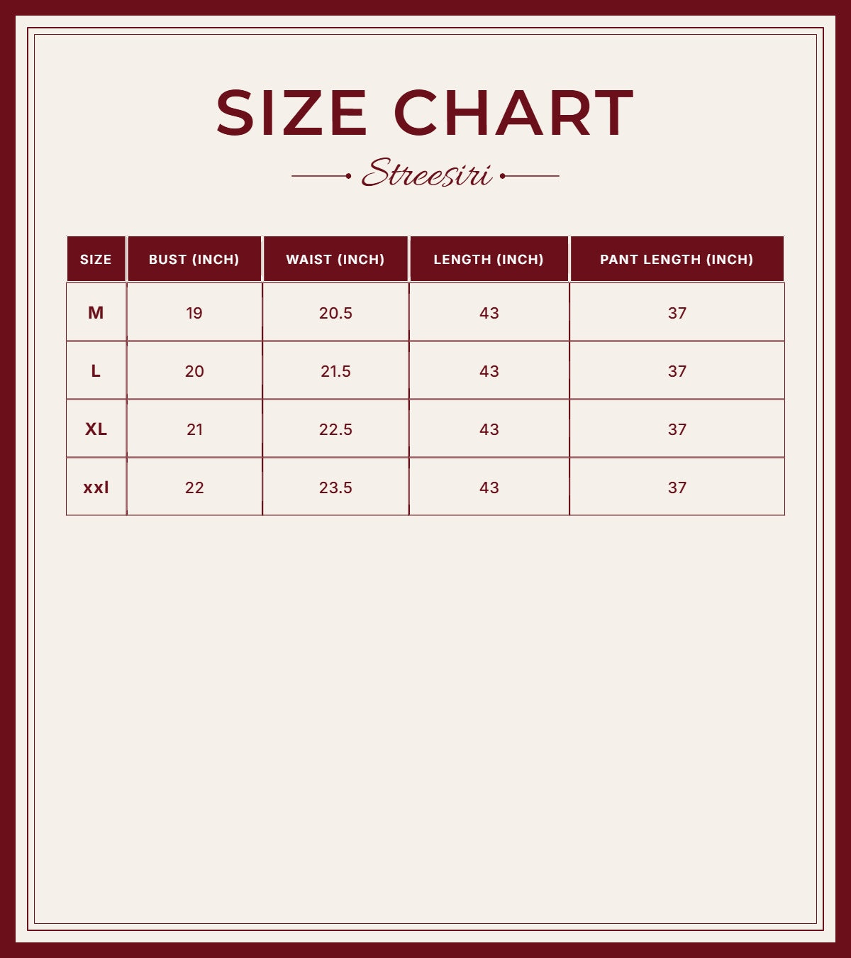 Size Chart for Embroider 2Piece Light Blue Cotton Suit