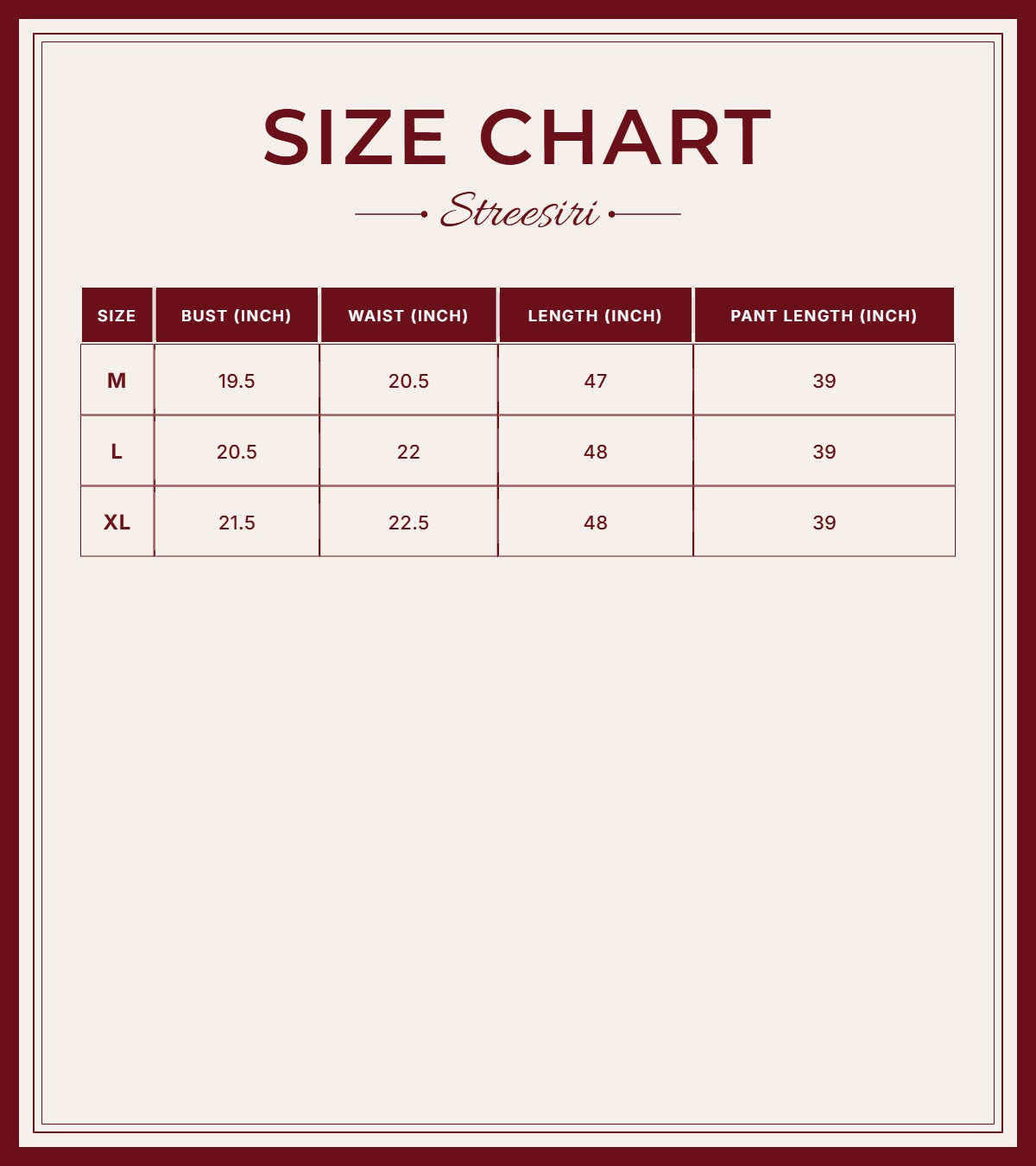 Size Chart for Party Wear 3Pc Set Half White Banarasi Suit