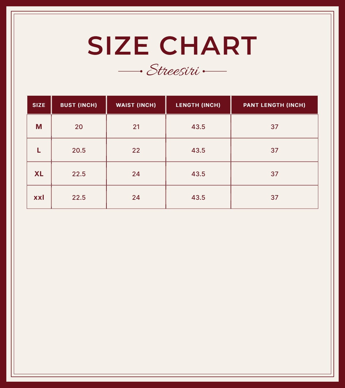Size Chart for Embroider 2Piece Grey Cotton Suit