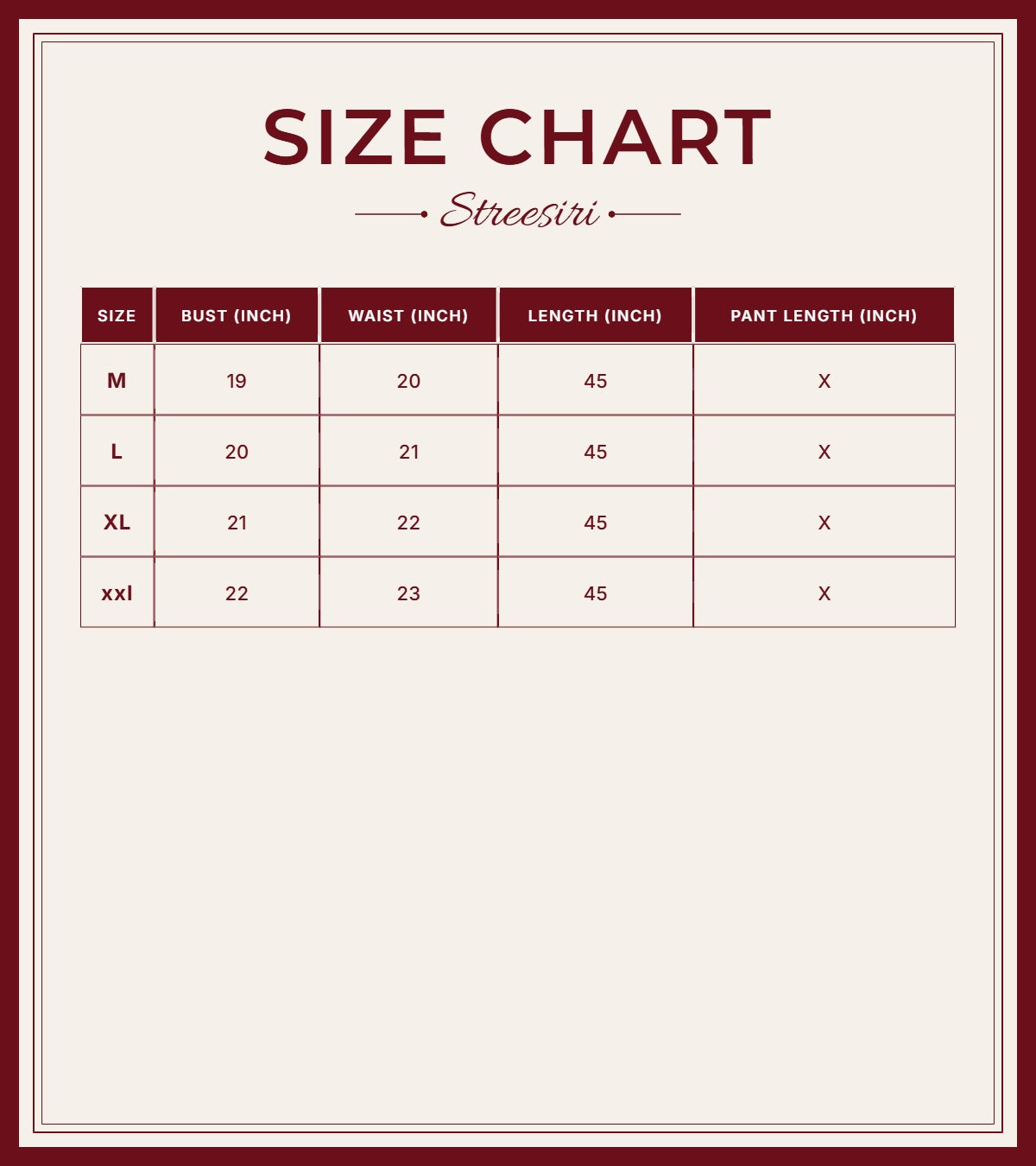 Size Chart for Embroider 1 Piece White Mul Cotton Suit