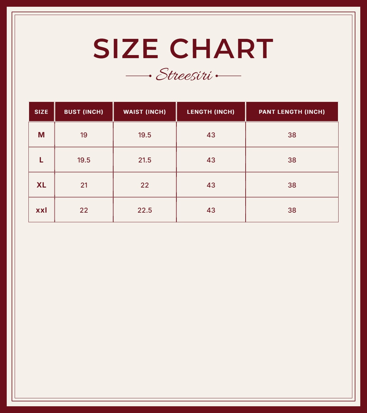 Size Chart for Kurti 2PC Set  Lavender Pink Cotton Suit