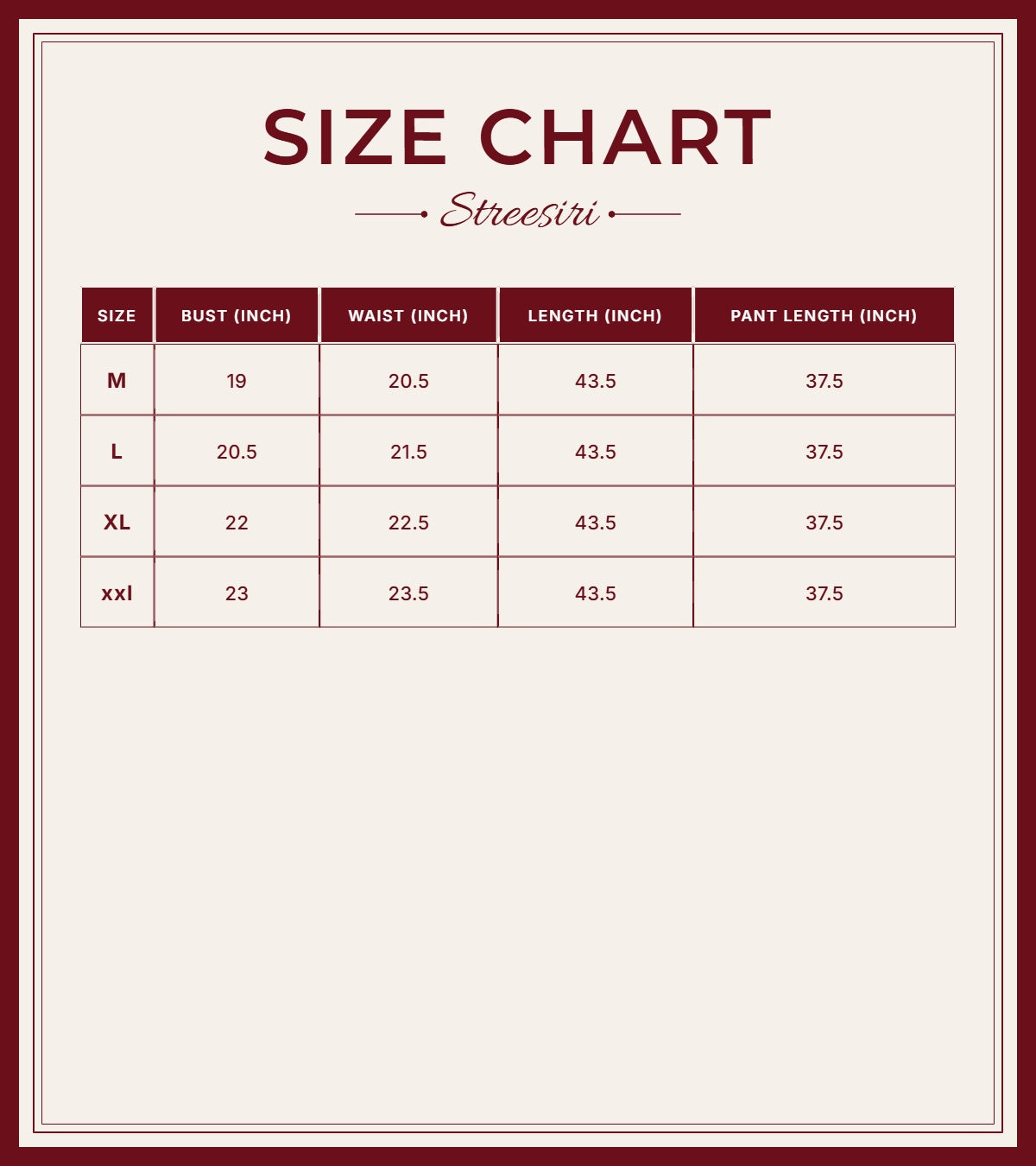 Size Chart for Embroider 2 Piece Black Cotton Suit