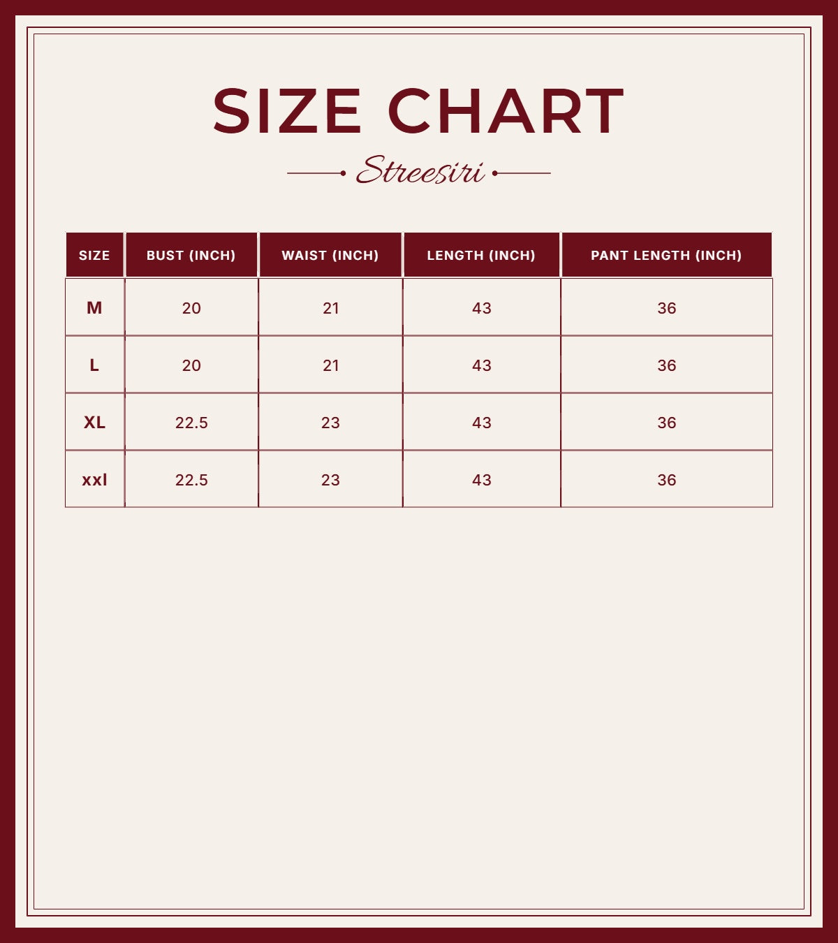 Size Chart for Bandhani 2Piece Red White Cotton Suit