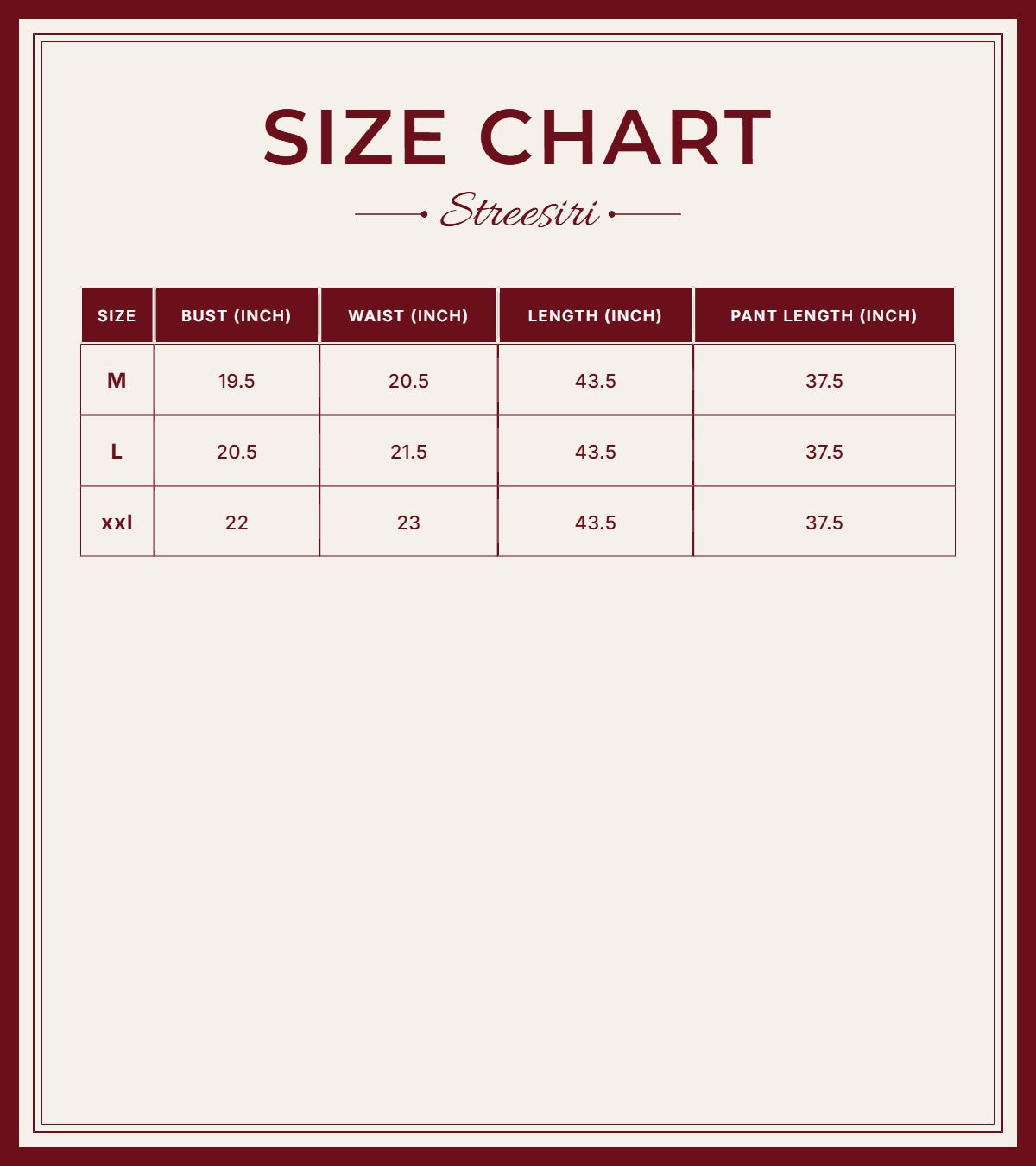 Size Chart for Kora  2Piece Half White Cotton Silk