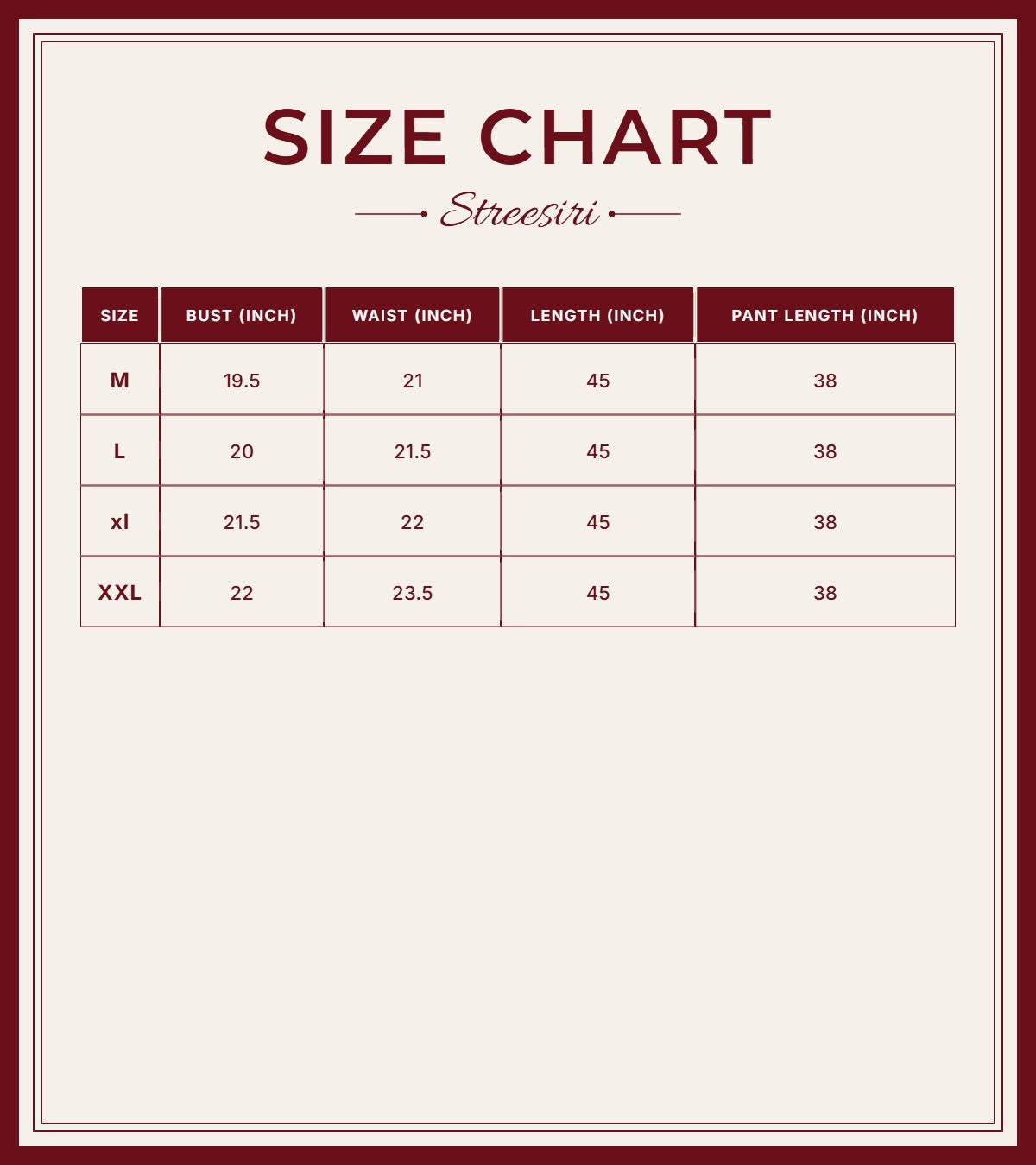 Size Chart for Embroider 2Piece Navy Blue Cotton Suit