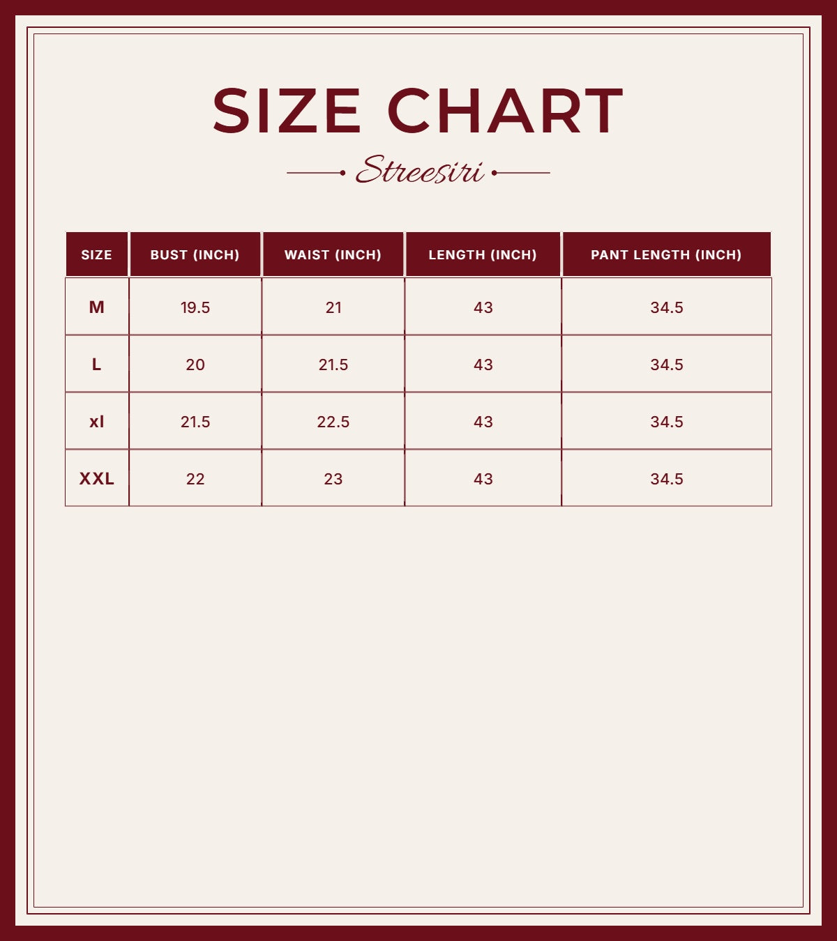 Size Chart for Hand Work 2Piece Black Cotton Suit