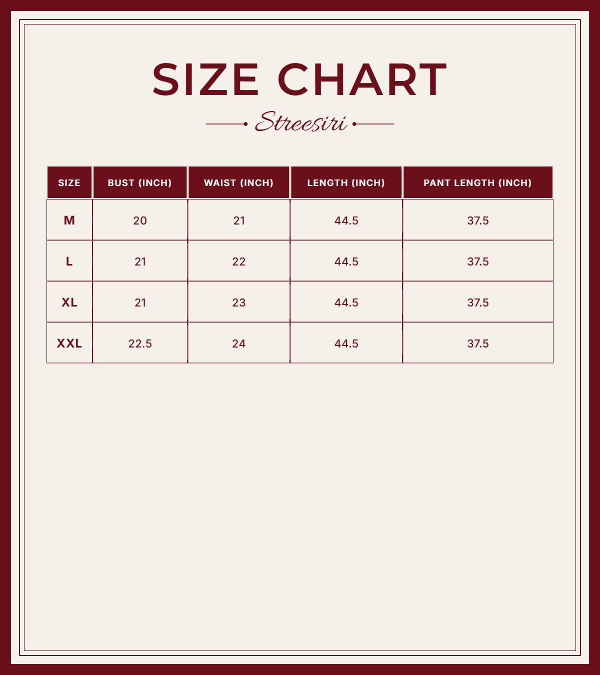 Size Chart for Embroider 2piece Baby Pink Cotton Suit
