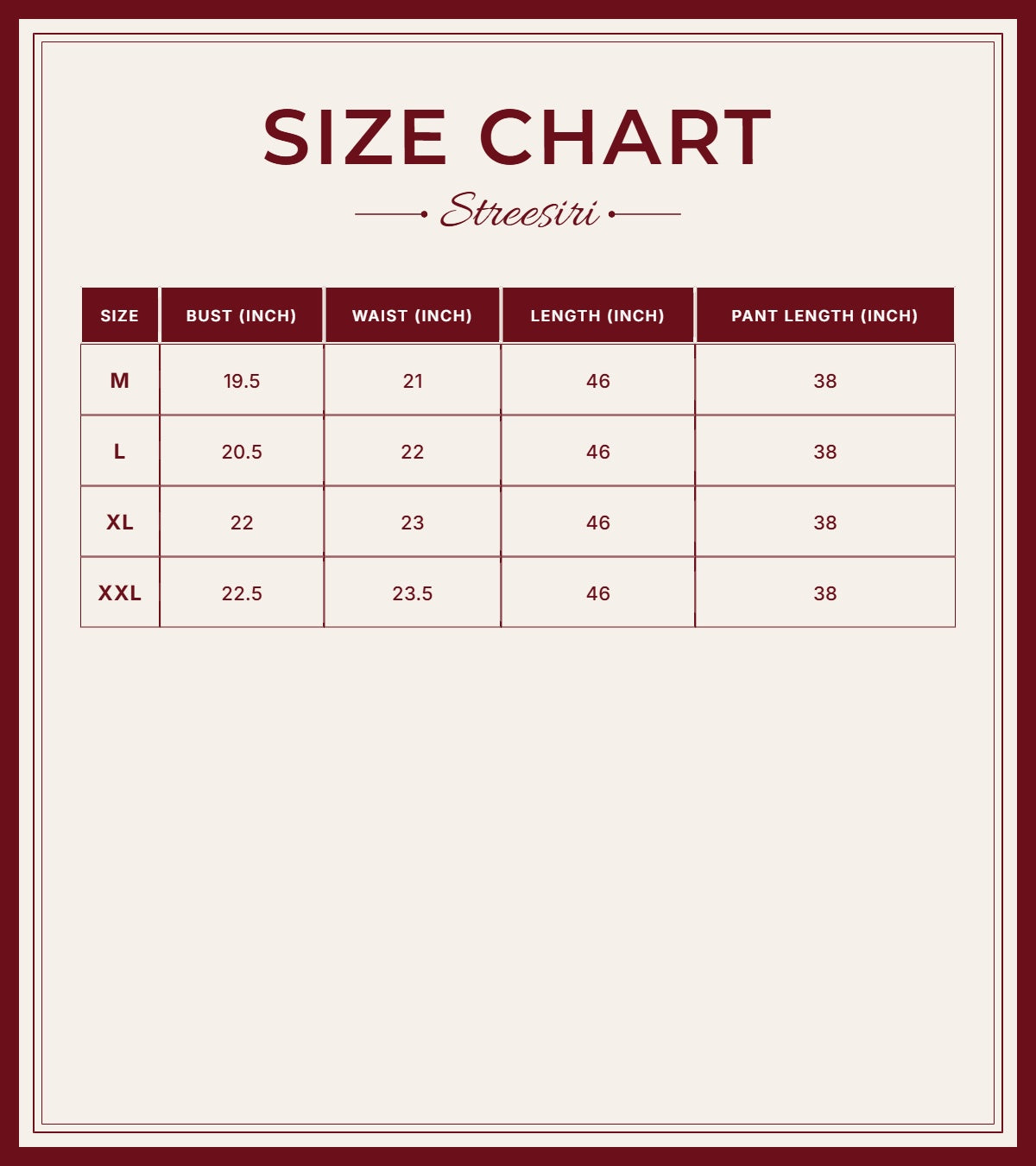 Size Chart for Embroider 3 Piece  White Pink Cotton Suit