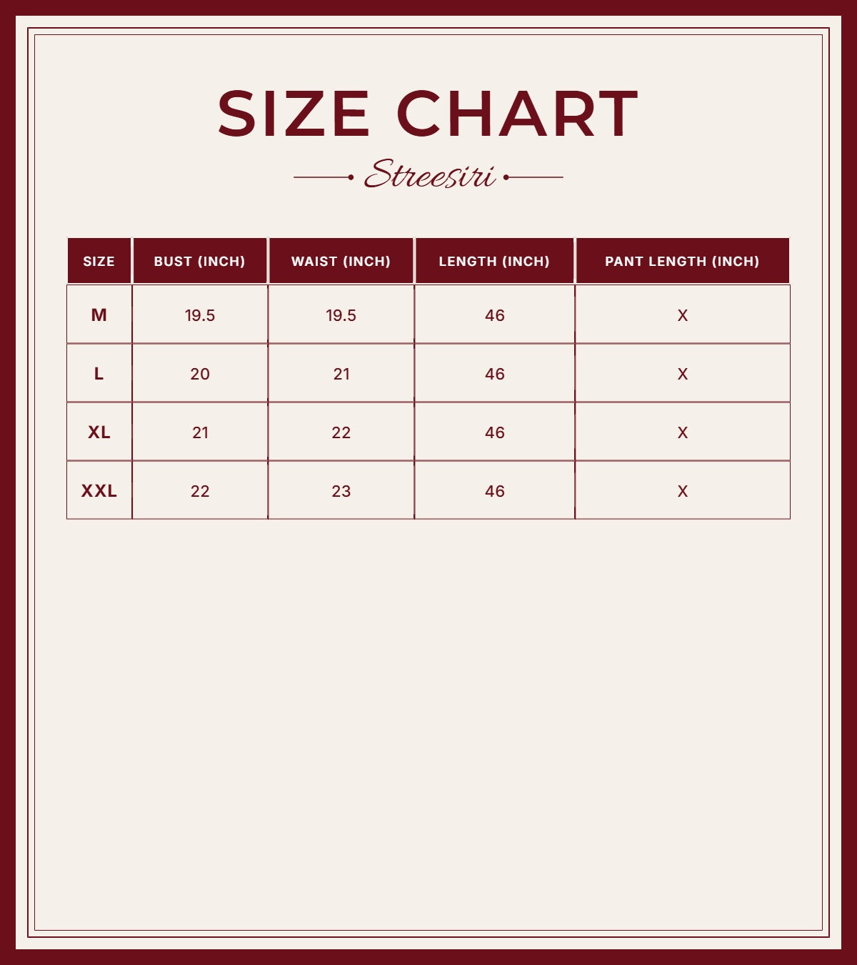 Size Chart for Embroider 1 Piece Black Cotton Suit