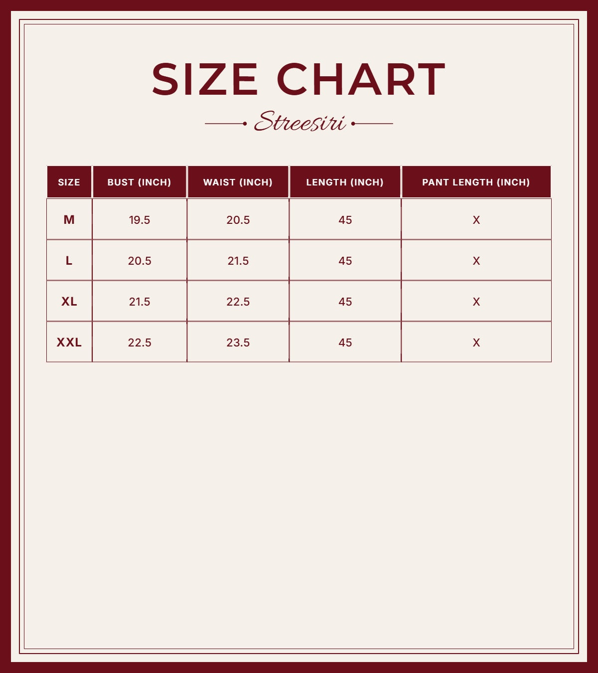 Size Chart for Flex Print Yellow White Cotton Suit