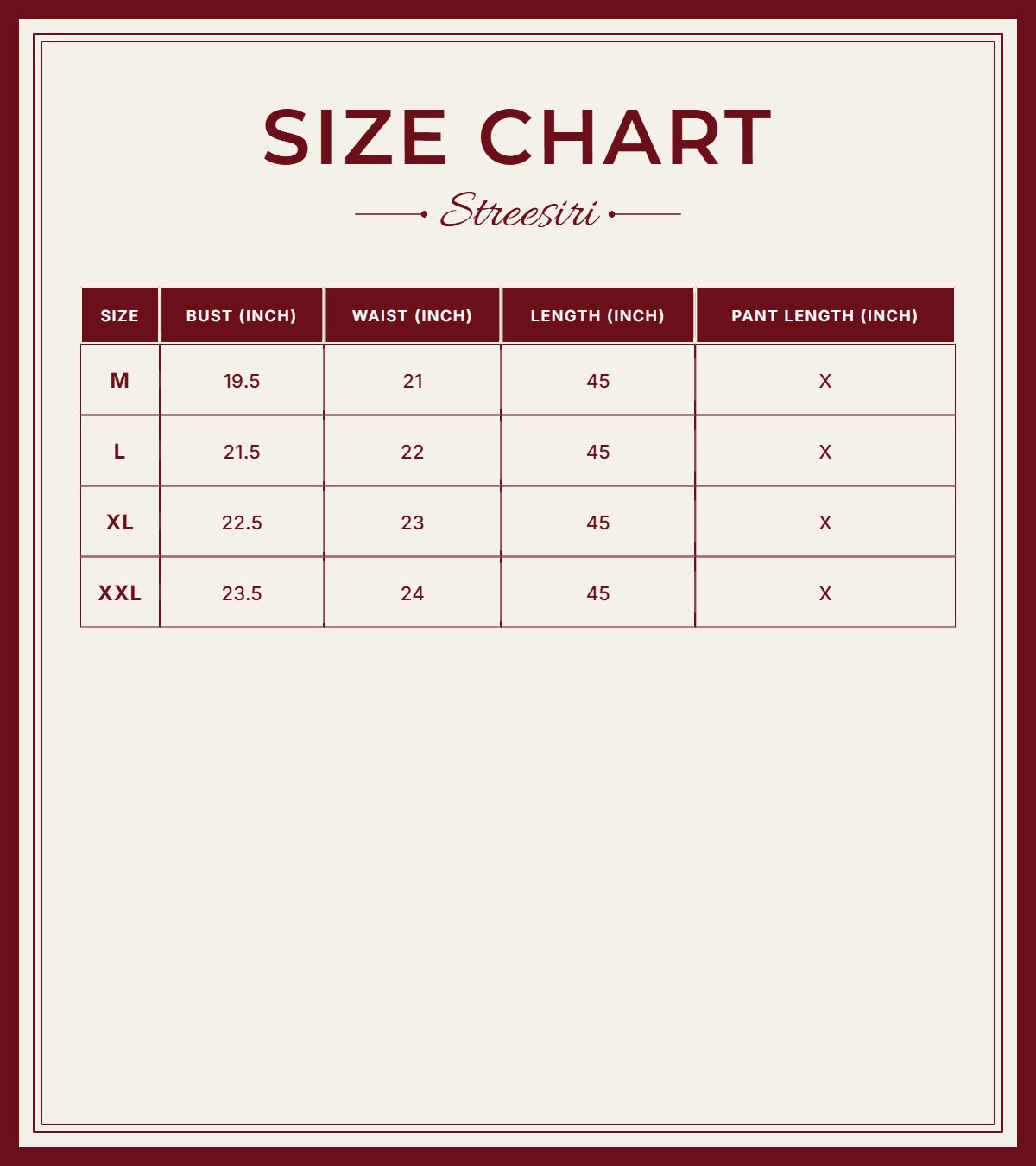 Size Chart for A Line 1 piece Gold Cotton Suit