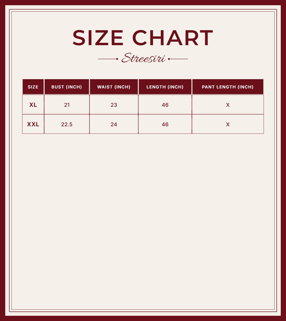 Size Chart for Kalamkari 1 Piece Maroon Cotton Suit