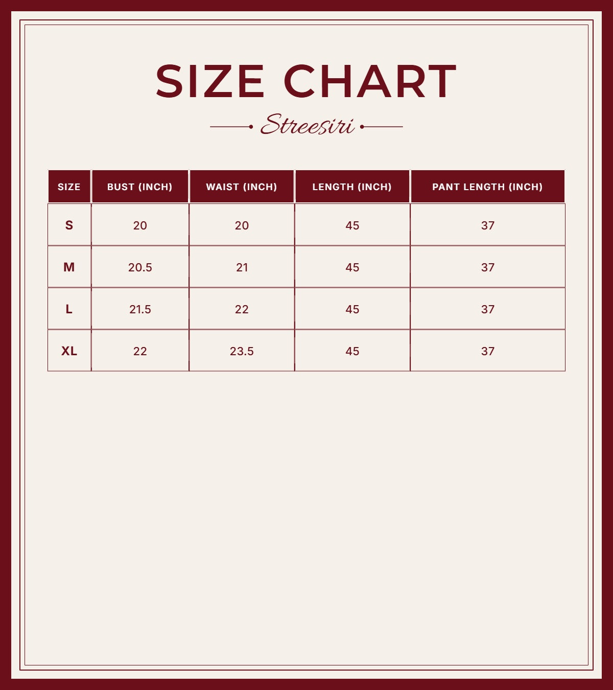 Size Chart for Floral  Embroider 3Piece Brown Cotton Suit