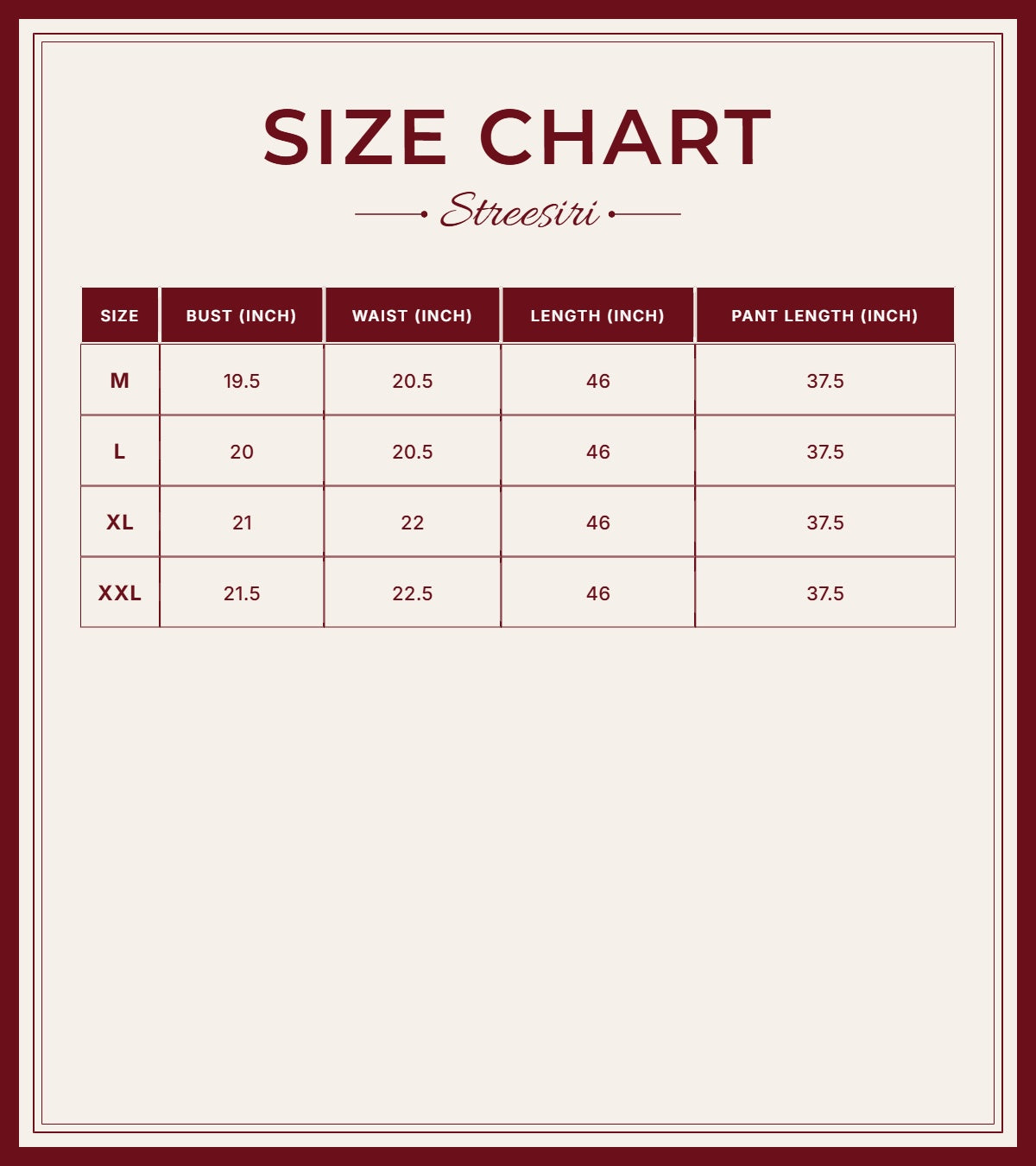 Size Chart for Sleeveless 3 Piece White Red Cotton Suit