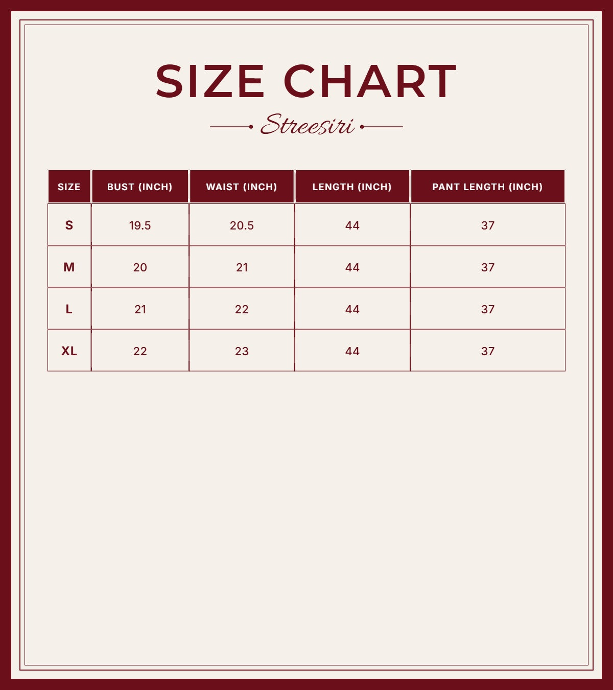 Size Chart for Embroider 3Piece Rust Brown Cotton Suit